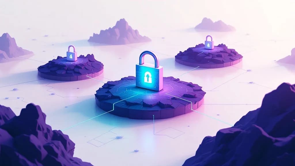 Un coffre chiffré verrouillé dupliqué en sécurité sur trois îles distantes séparées, illustrant la stratégie de backups chiffrés et de reprise après sinistre