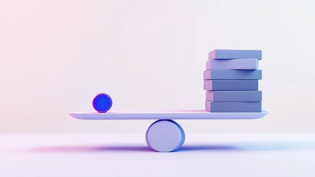 Balance minimaliste où une petite pièce lumineuse contrebalance une pile de blocs, illustration de l'asymétrie de coût