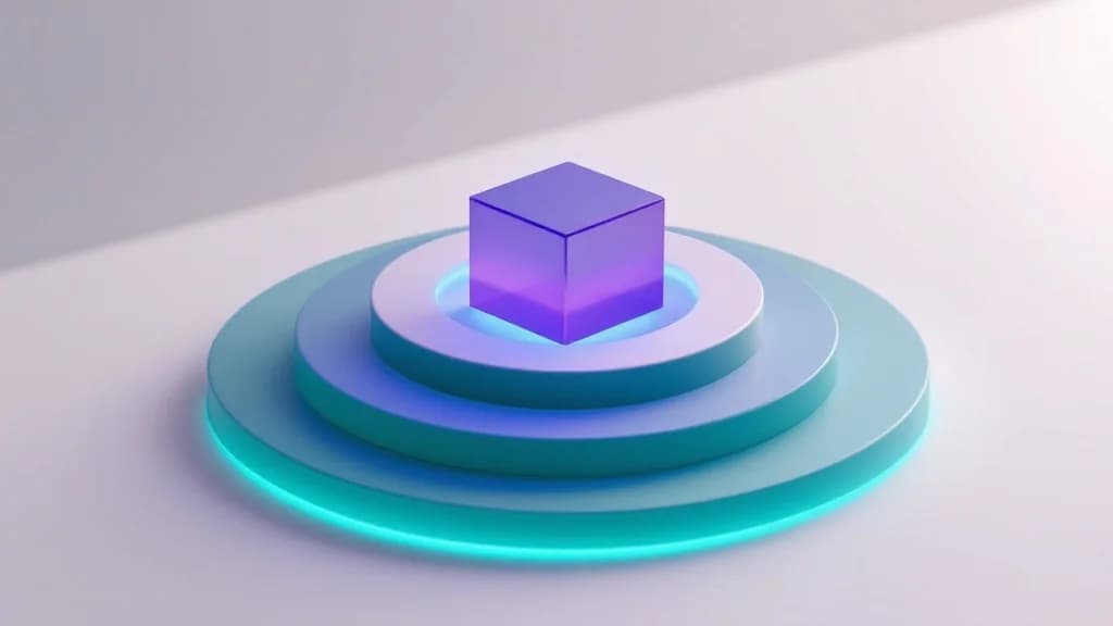 Cube violet protégé par des anneaux concentriques, illustration des garde-fous en couches autour de l'agent