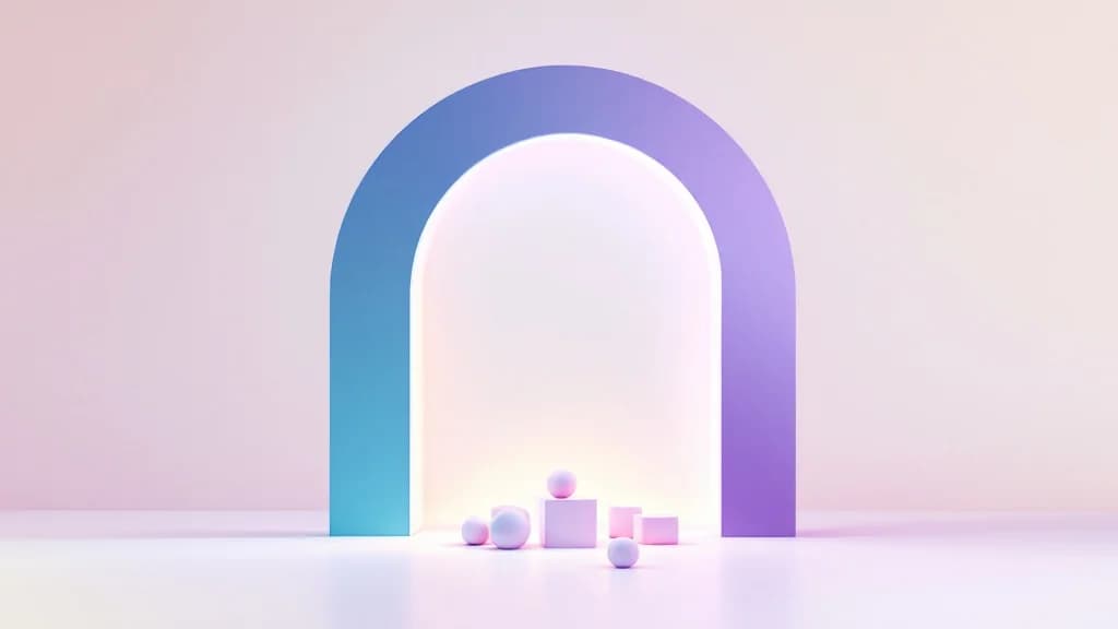 Une arche lumineuse, un pied teal et l'autre violet, abrite un petit groupe de formes : le binôme entre CTO fractionnel et lead dev en poste au-dessus de l'équipe.