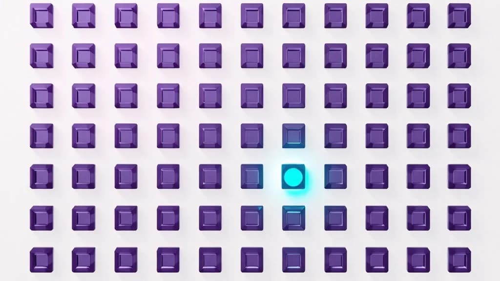 Une seule lumière au milieu d'une grande grille de blocs, qui n'en éclaire que quelques-uns, image d'un CTO fractionnel dont la présence ne couvre plus toute l'équipe en scale-up