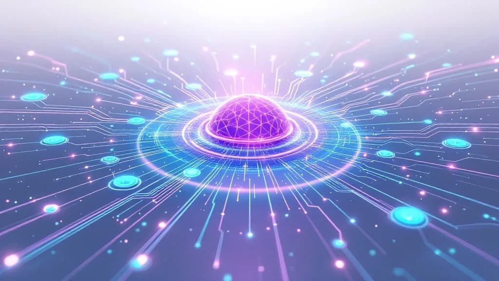 Un cœur intelligent central relié par des fils lumineux à toutes les directions d'une organisation, illustrant un agent au service de l'entreprise entière au-delà de la tech