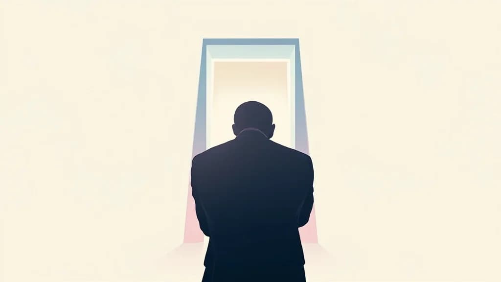 Une silhouette de dos tournant le dos à une porte lumineuse ouvrant sur une nouvelle dimension, illustration du rejet face à un changement de paradigme