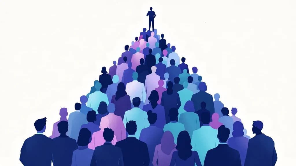 Une équipe organisée en pyramide avec une figure qui oriente au sommet, illustrant l'équipe de demain plus petite et plus senior dans la réflexion