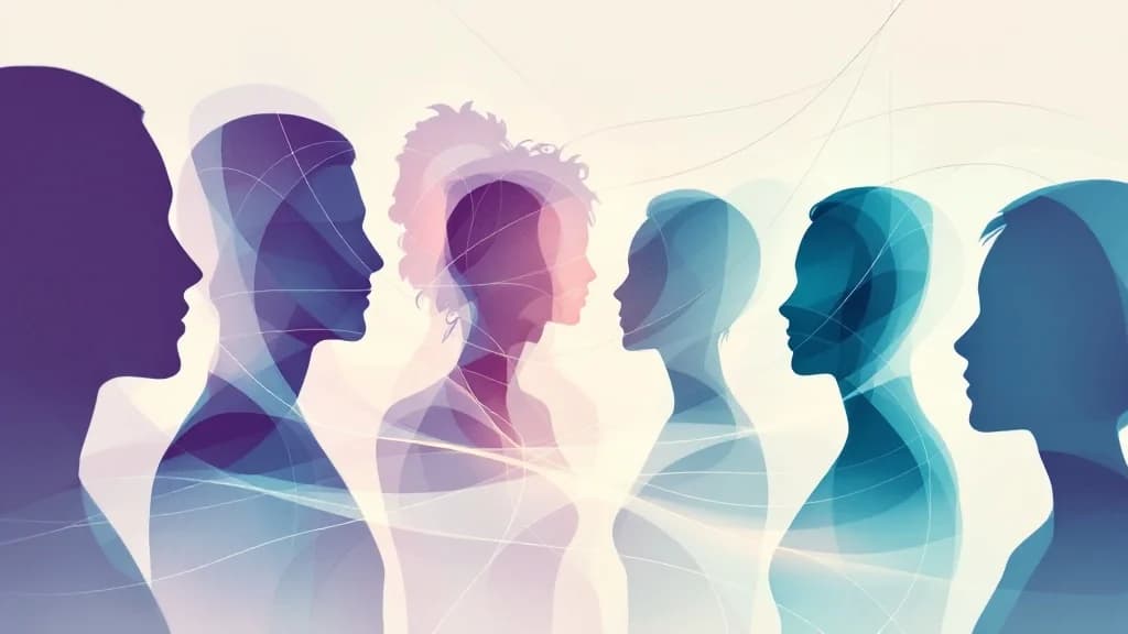 Silhouettes de profils en dégradé violet et teal reliées par des lignes lumineuses, illustrant les rôles d'une équipe tech redessinés par l'IA