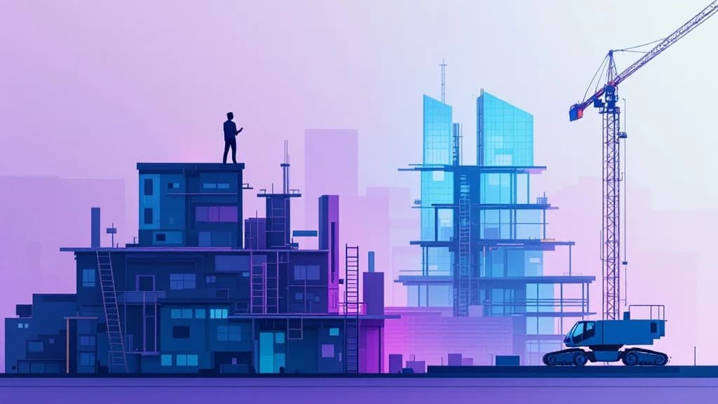 Une figure surélevée supervise une architecture pendant que des machines construisent en contrebas, métaphore du senior qui devient architecte-reviewer