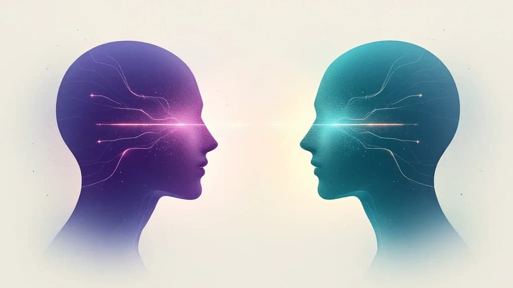 Deux silhouettes lumineuses se faisant face et échangeant des questions, illustration du dialogue de challenge mutuel avec l'agent