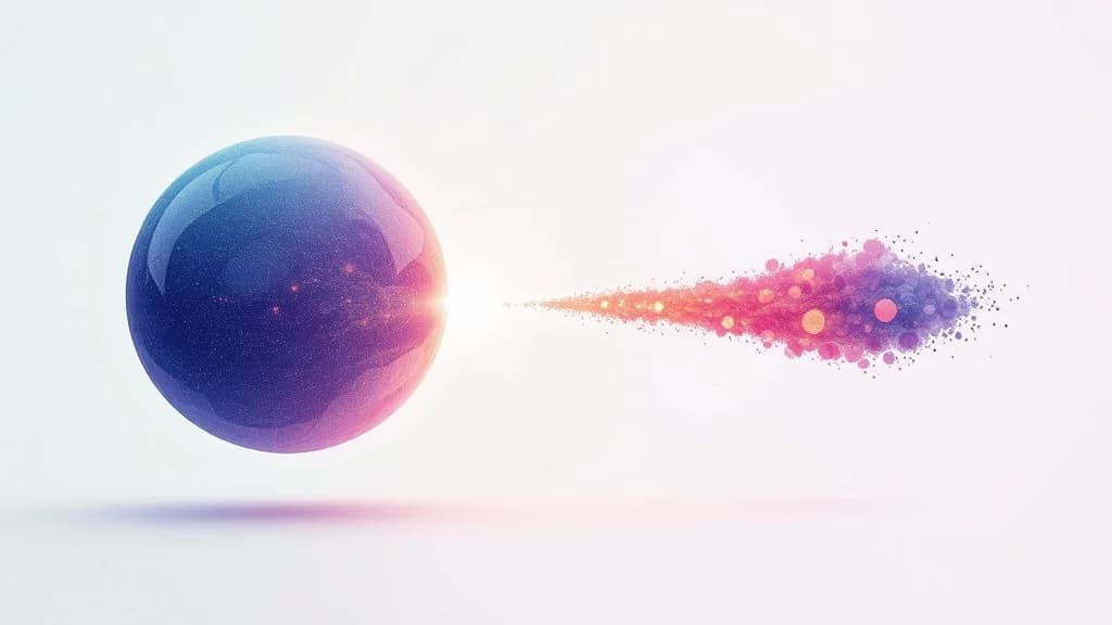 Une grande sphère de réflexion dense se déversant en un bref jet d'exécution, illustration du ratio de temps inversé entre réflexion et code