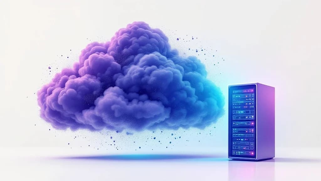 Un imposant nuage de serveurs cloud se dissolvant pour se réduire en un rack compact de serveurs bare metal, illustrant la réduction drastique des coûts d'infrastructure