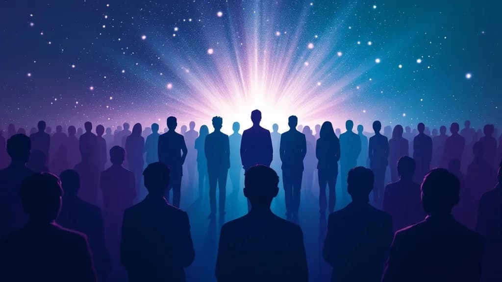 Une petite équipe de silhouettes humaines rayonnant la capacité productive d'une foule bien plus large, illustrant les recrutements évités grâce à l'IA agentique