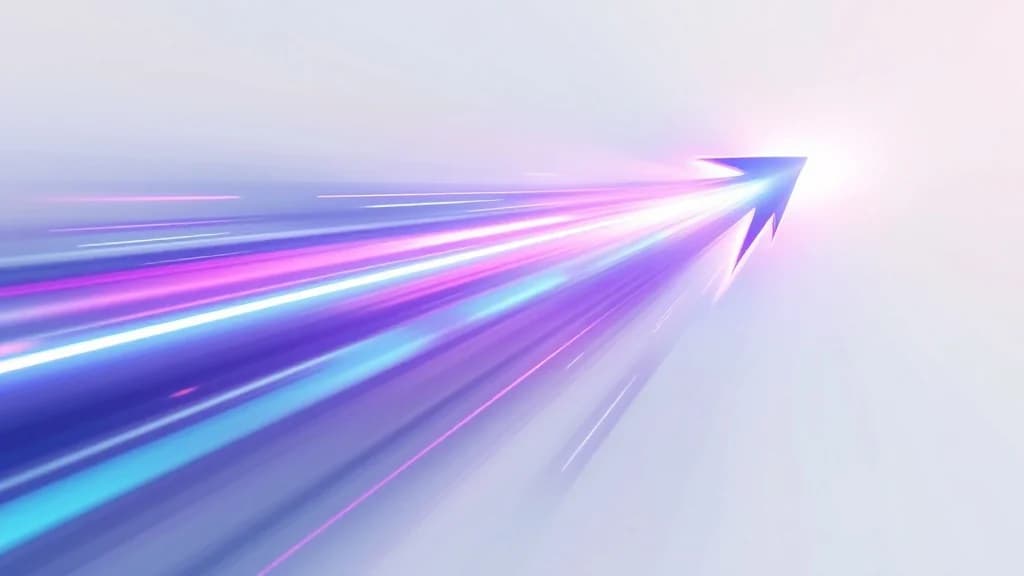Un trait de lumière en accélération filant à travers un pipeline épuré, illustrant la vélocité accrue et le time-to-market réduit