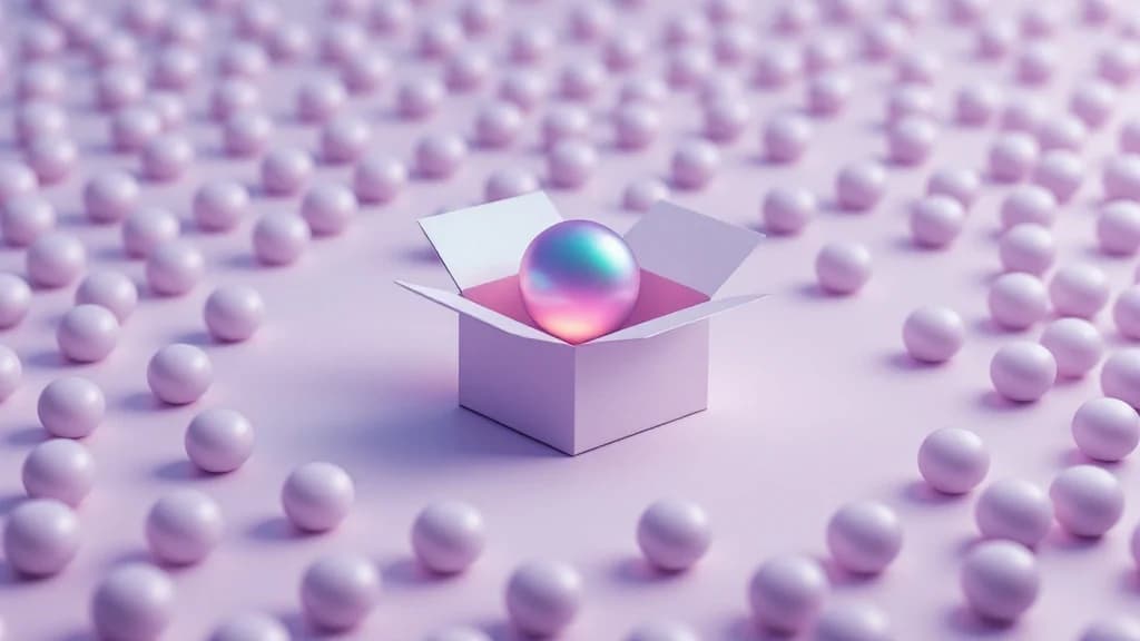 Une sphère lumineuse violette et turquoise unique au milieu de centaines de billes pâles identiques, illustrant le CTO rare qui ne se trouve pas dans la masse des candidatures.