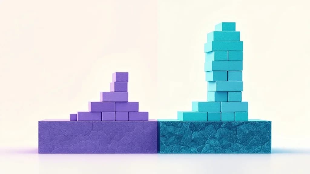 Deux constructions de blocs contrastées, l'une modulaire et l'autre bâtie en hauteur sur des fondations, illustration des deux stratégies no-code versus actif technique