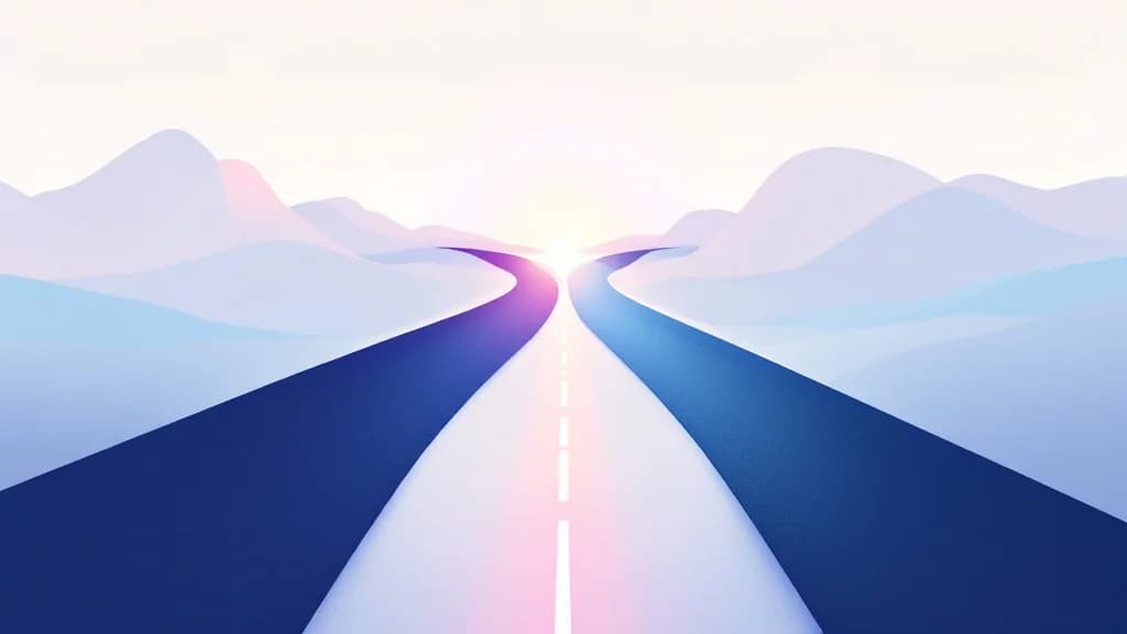 Un chemin arrivant à une bifurcation se divisant en deux directions distinctes, illustration du point de départ d'une transformation digitale