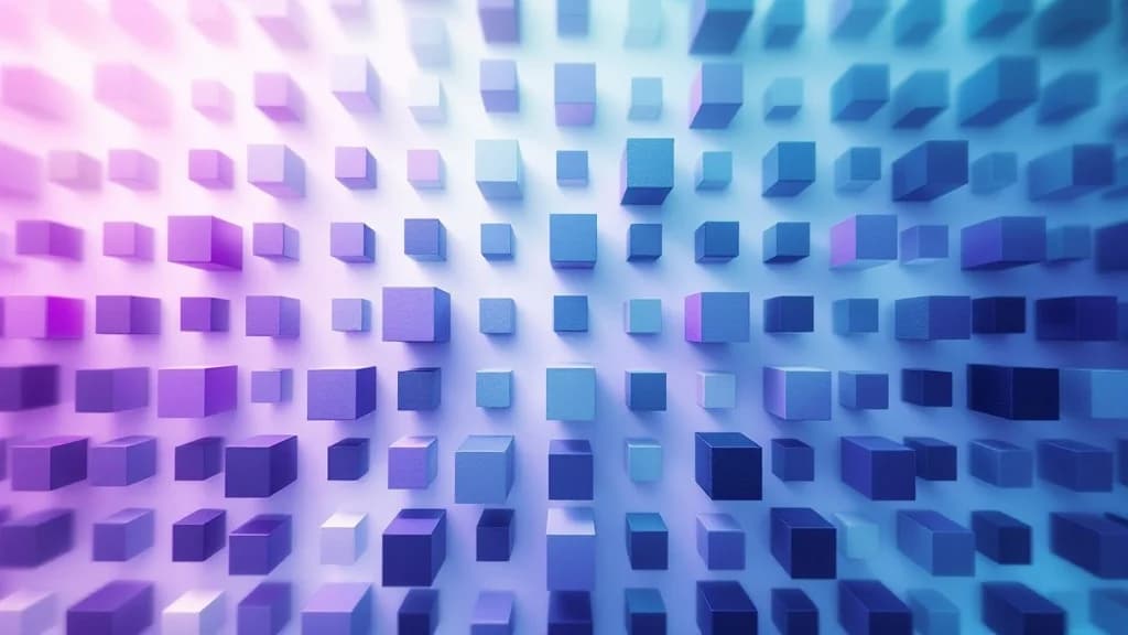 Grille de cubes violets et bleus identiques et interchangeables, métaphore du code devenu une commodité de masse