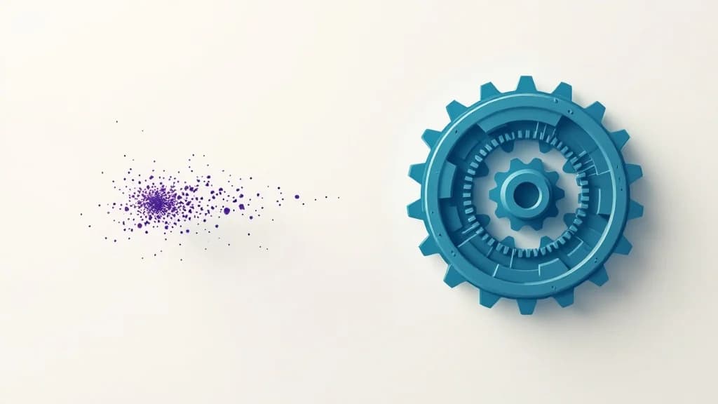 À gauche une étincelle violette qui se dissipe en particules, à droite un engrenage teal solide, opposition entre un one-shot fragile et un process structuré