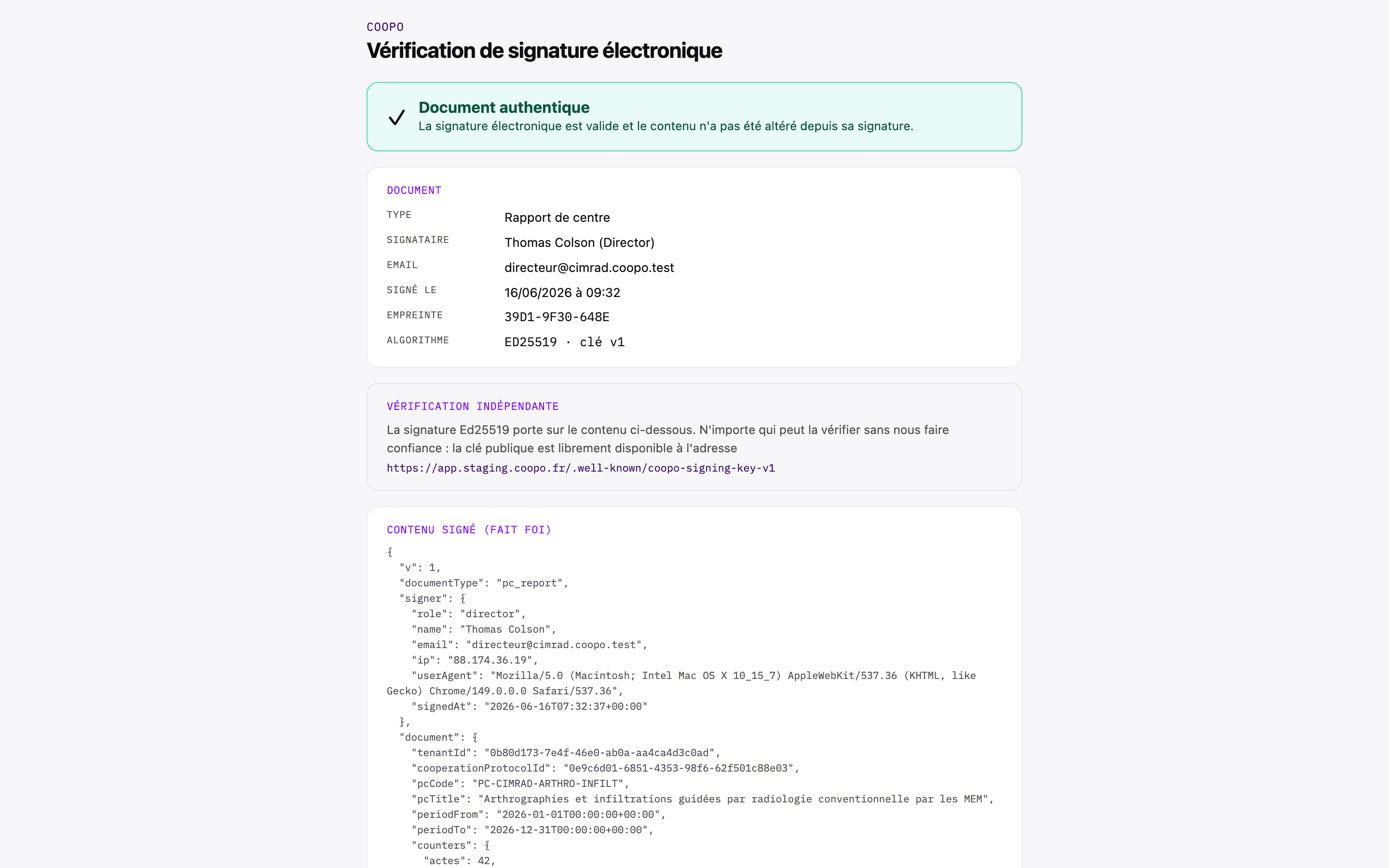 Page publique de vérification d'une signature électronique Coopo