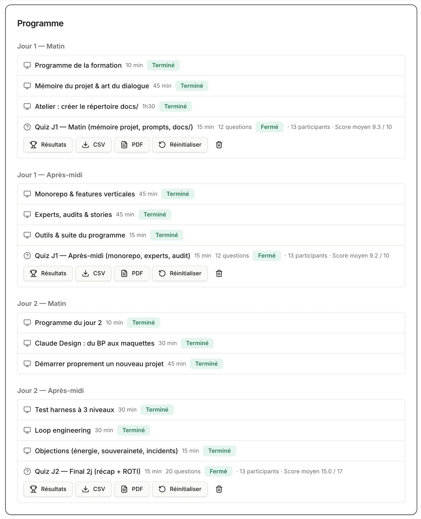 Le programme des deux jours dans la plateforme : quatre demi-journées, chaque module avec sa durée, et un quiz de validation en fin de séquence.