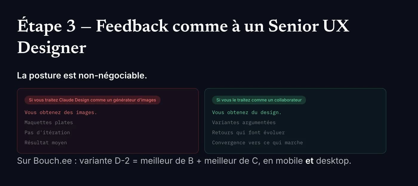 Extrait de la session Claude Design : la différence entre traiter l'outil comme un générateur d'images et le traiter comme un collaborateur.