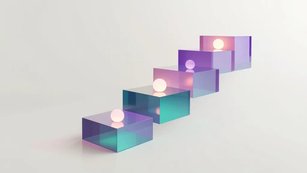 Cinq blocs de verre translucides violets et turquoise formant un escalier ascendant sur une surface claire, chacun surmonté d'une petite sphère lumineuse