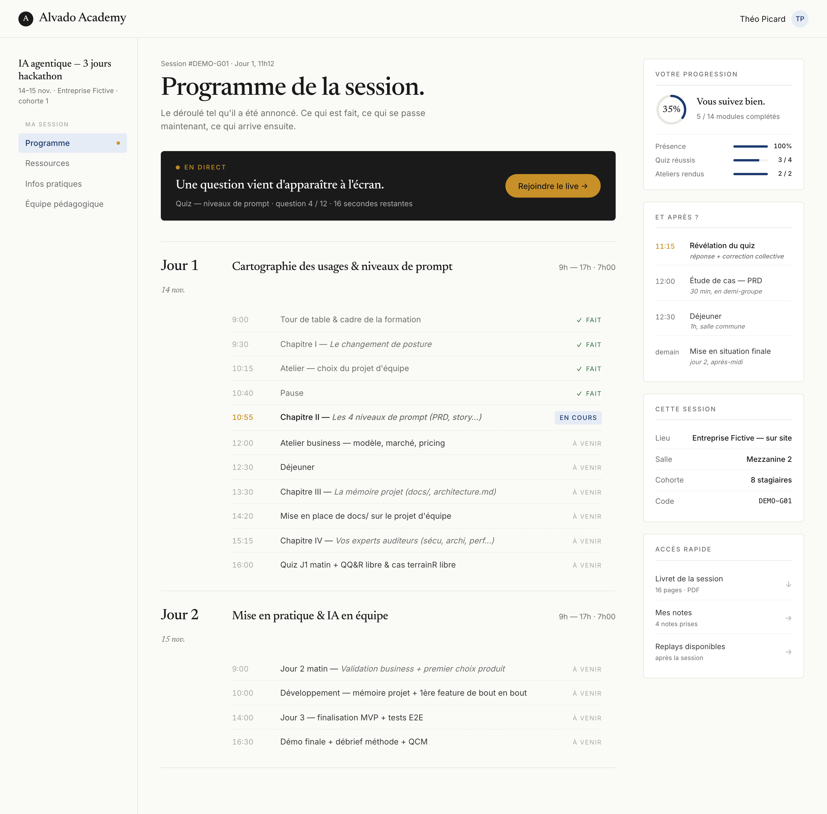 Vue stagiaire — programme de la session, progression, ressources