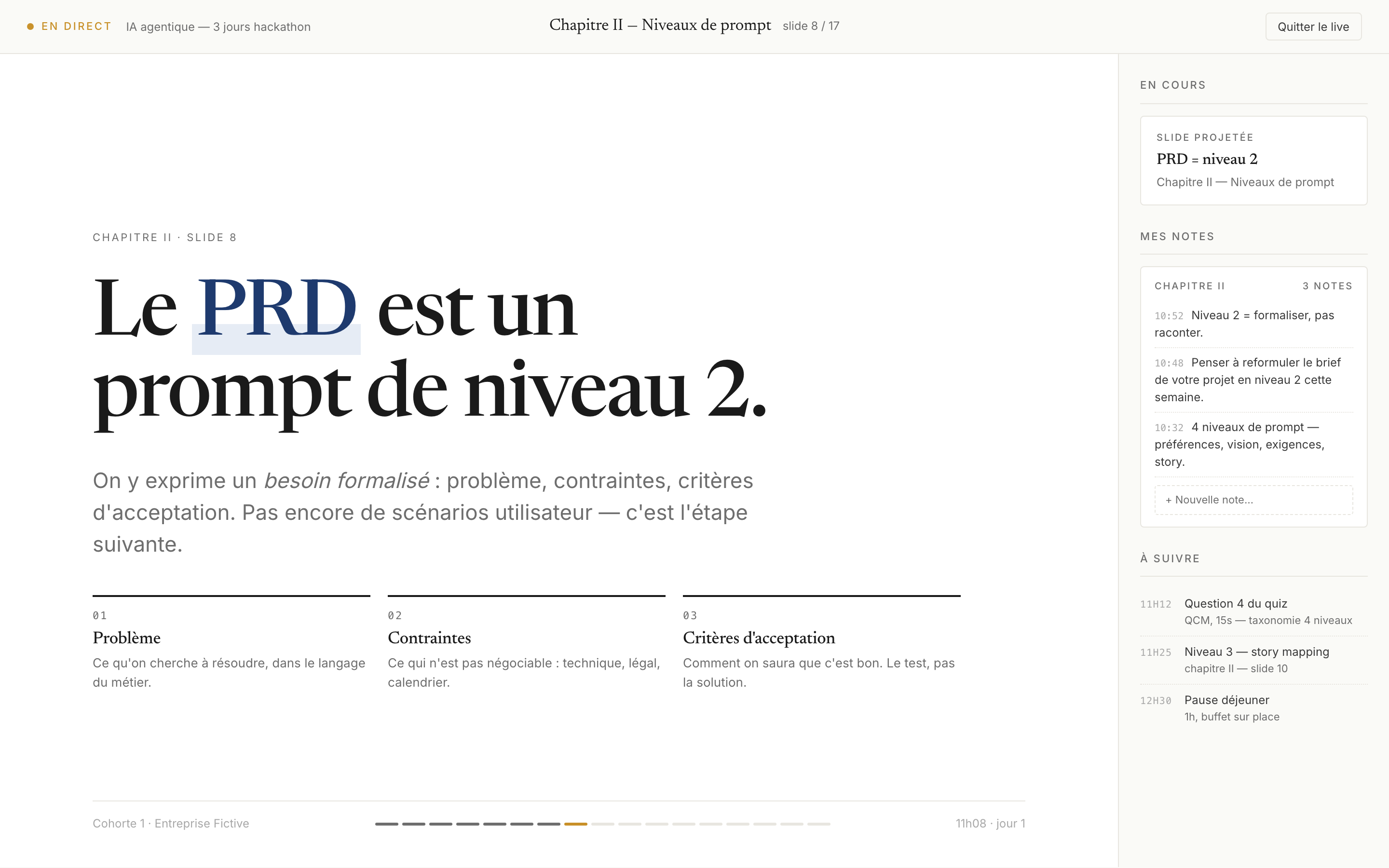 Vue stagiaire en direct — slide projetée plein écran