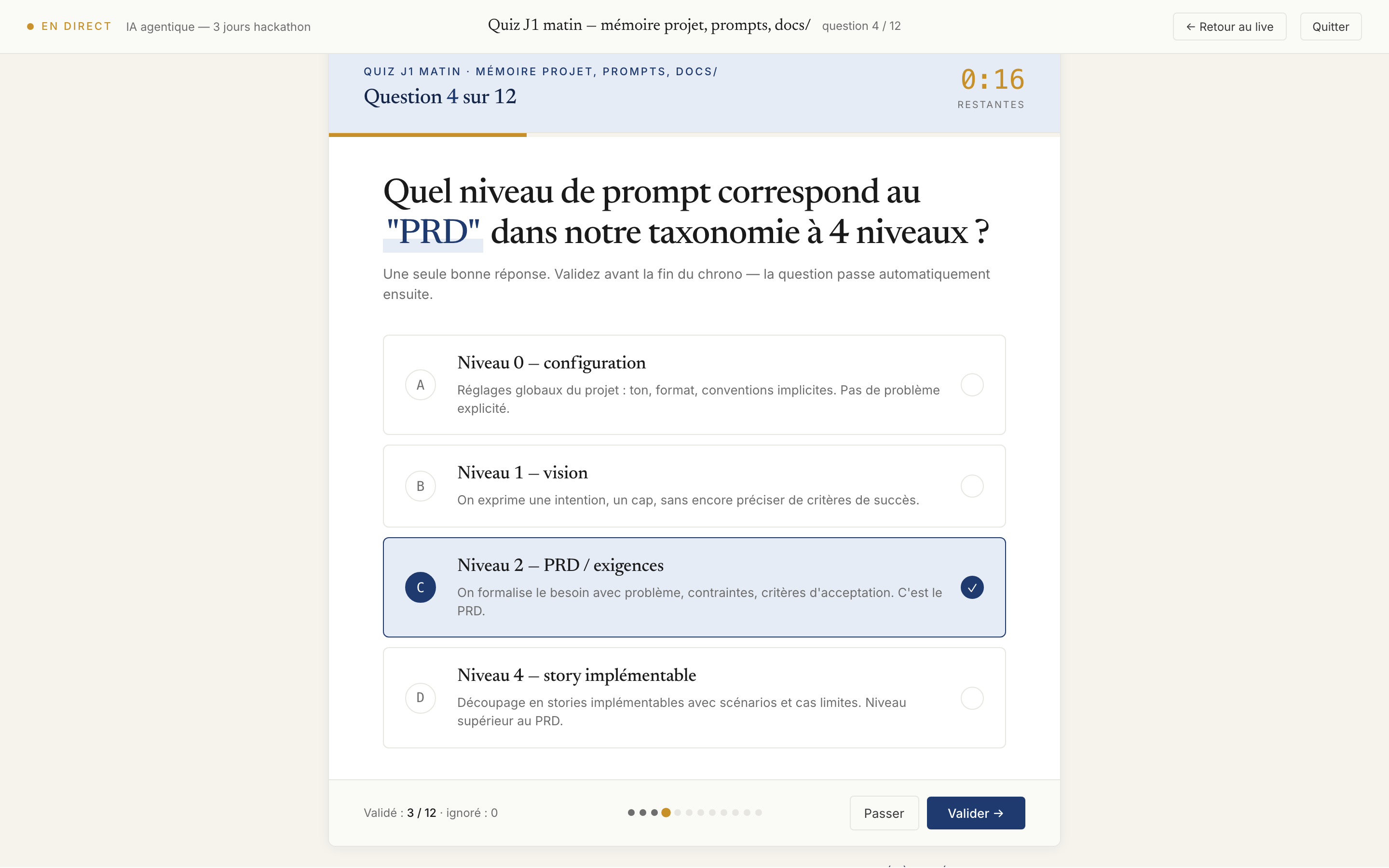 Quiz en direct — choix multiple chronométré
