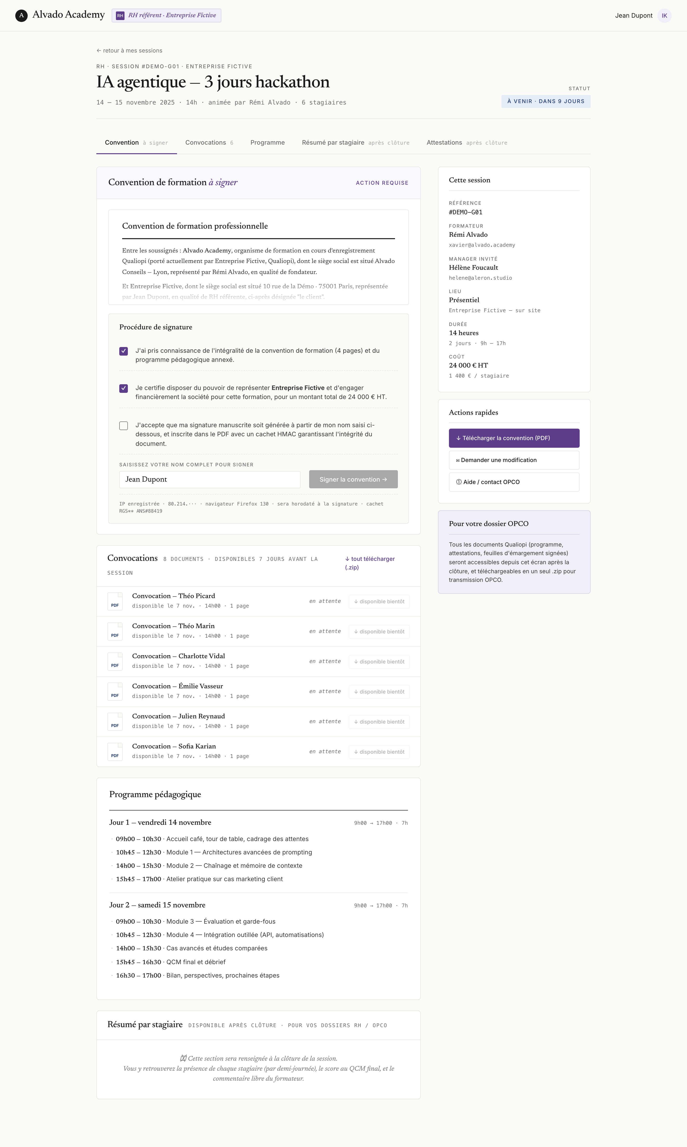 Vue RH — détail de session avec convention, émargement, attestations